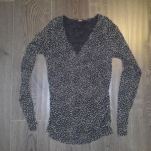 MEXX Black Polka Dot Slim Blouse Y Neck Long Sleeve Shirred Waist Inner Lining S